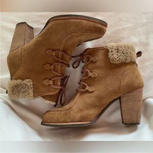 UGG Analise High Heel Suede shearling lace up bootsies, Block heel, size 8.5